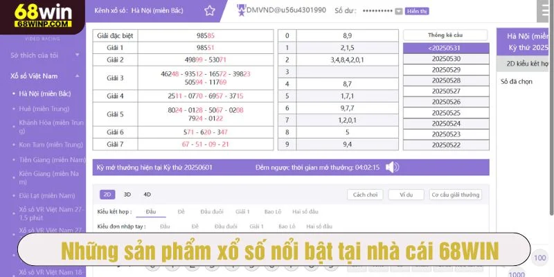 Sảnh xổ số tại 68WIN nổi bật với danh mục đa dạng